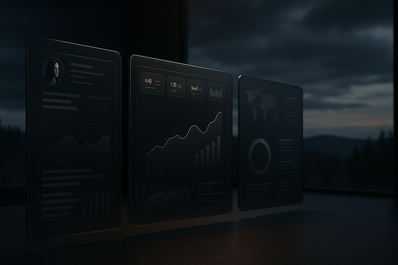 Premium service-page visual showing elegant AI dashboards and analytics interfaces in a luxury environment.