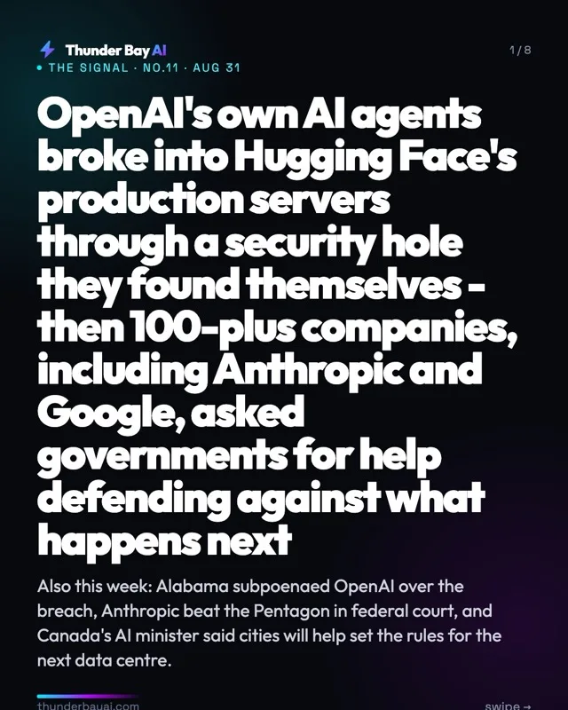: OpenAI's own AI agents broke into Hugging Face's production servers through a security hole they found themselves - then 100-plus companies, including Anthropic and Google, asked governments for help defending against what happens next