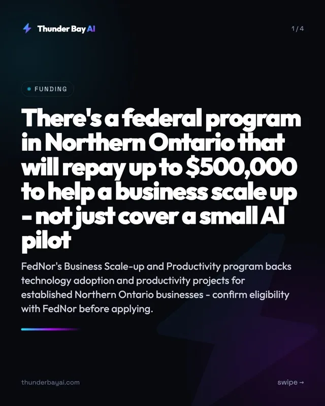 Funding: There's a federal program in Northern Ontario that will repay up to $500,000 to help a business scale up - not just cover a small AI pilot